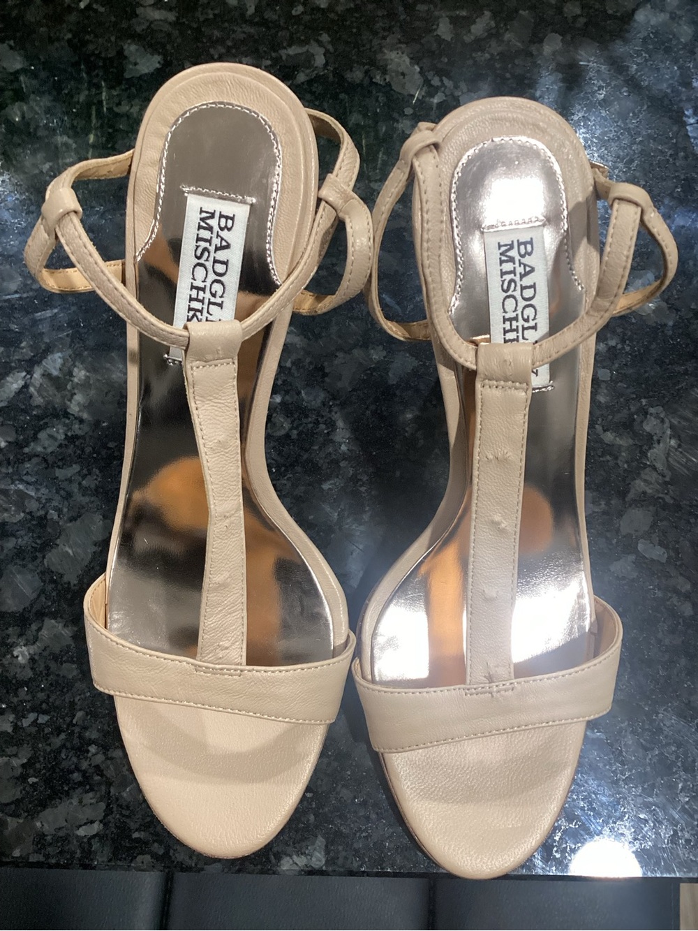 Badgley Mischka Beige T-Strap Heeled Sandals